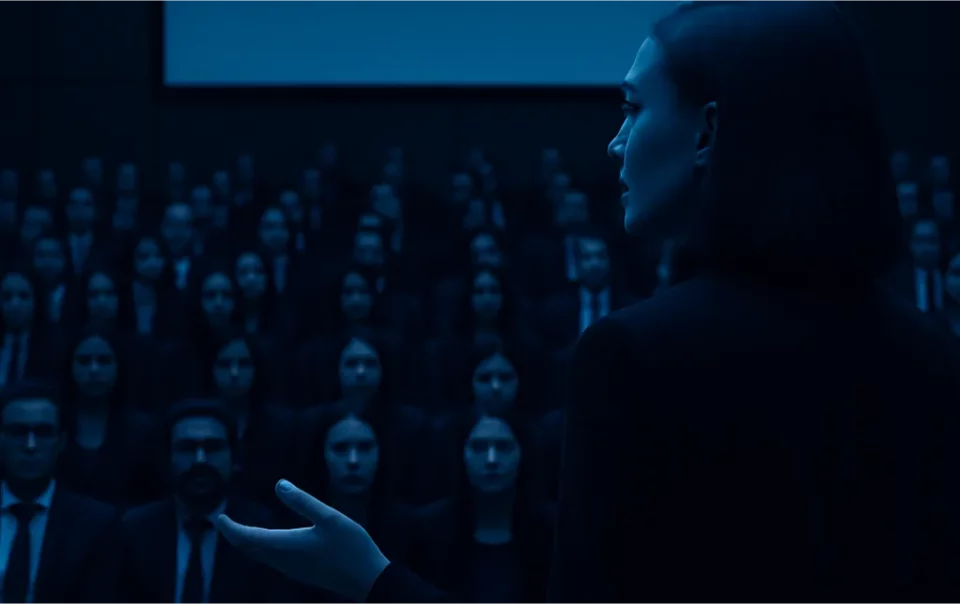 une conférencière parle face à un public ia